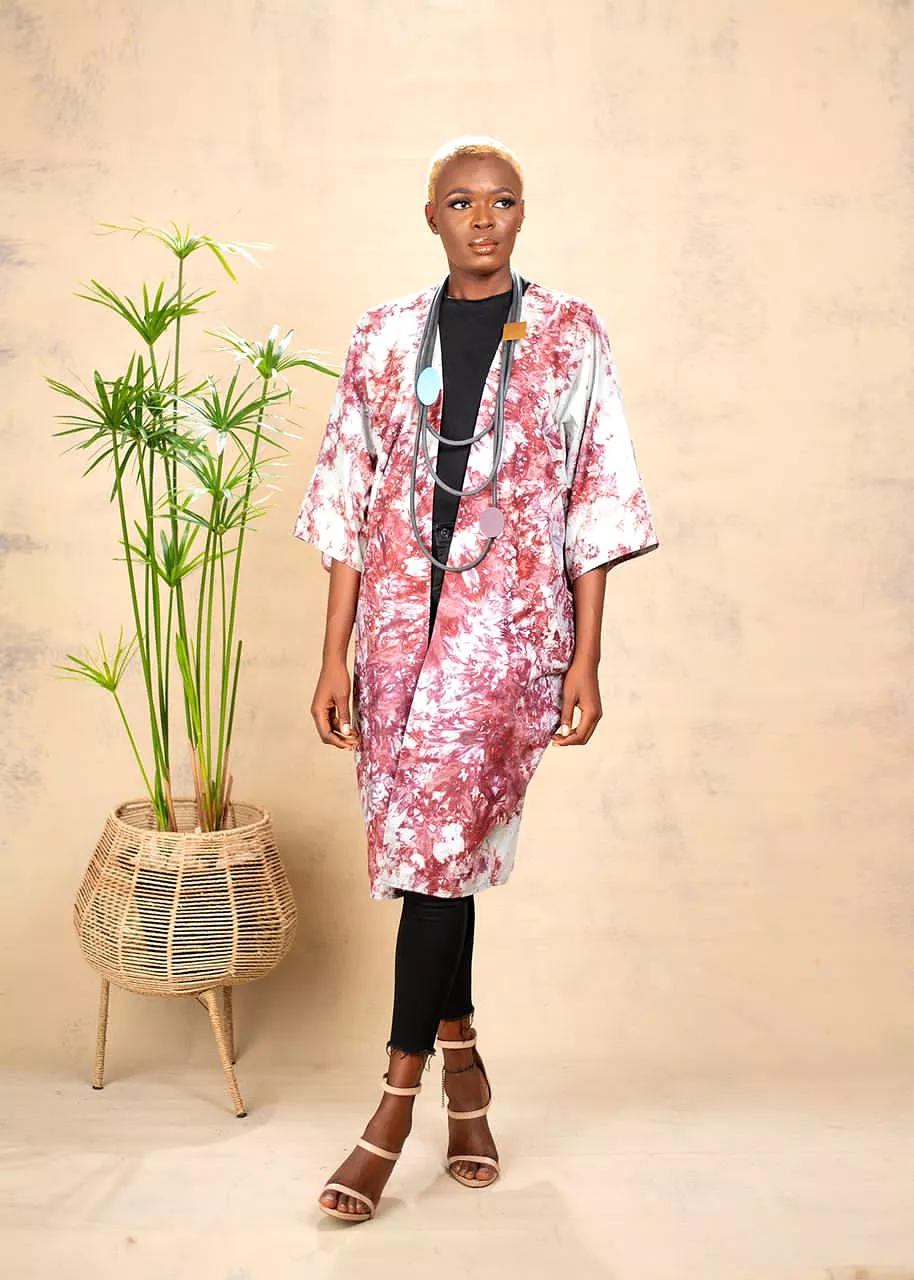 AIMAS Basan Orange Printed Adire Kimono