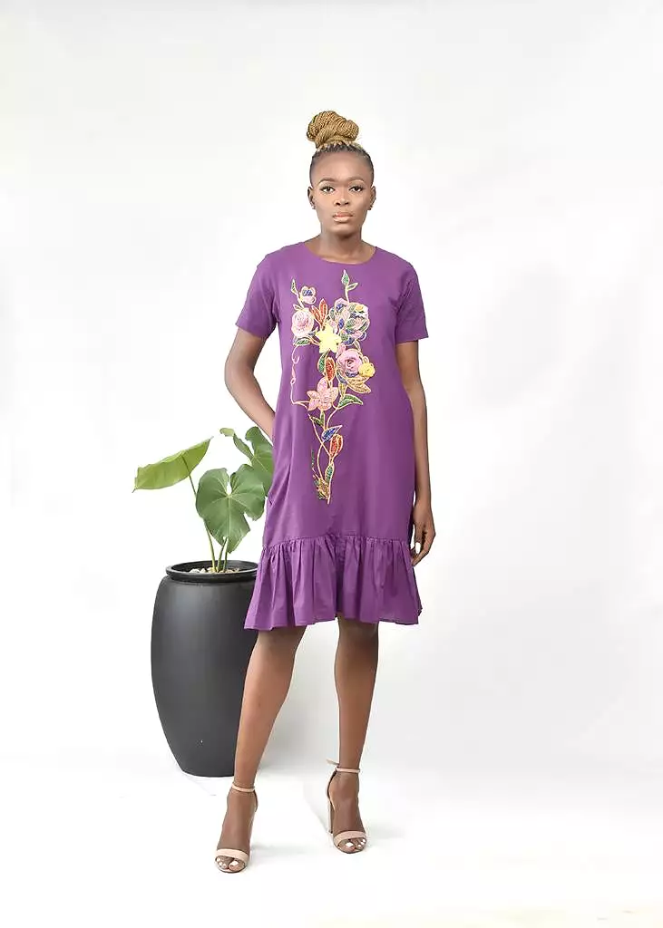 AIMAS Kwassa Purple Embellished Cotton Shift Dress