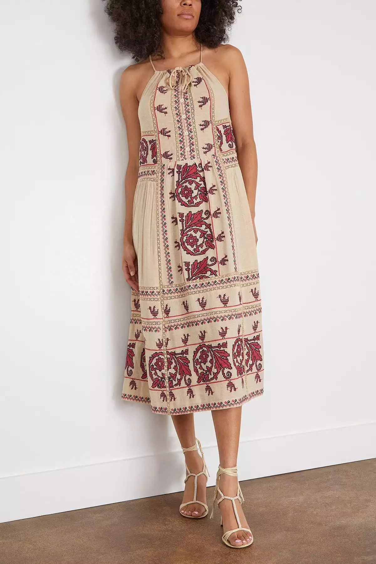 Beena Embroidery Halter Neck Dress in Taupe