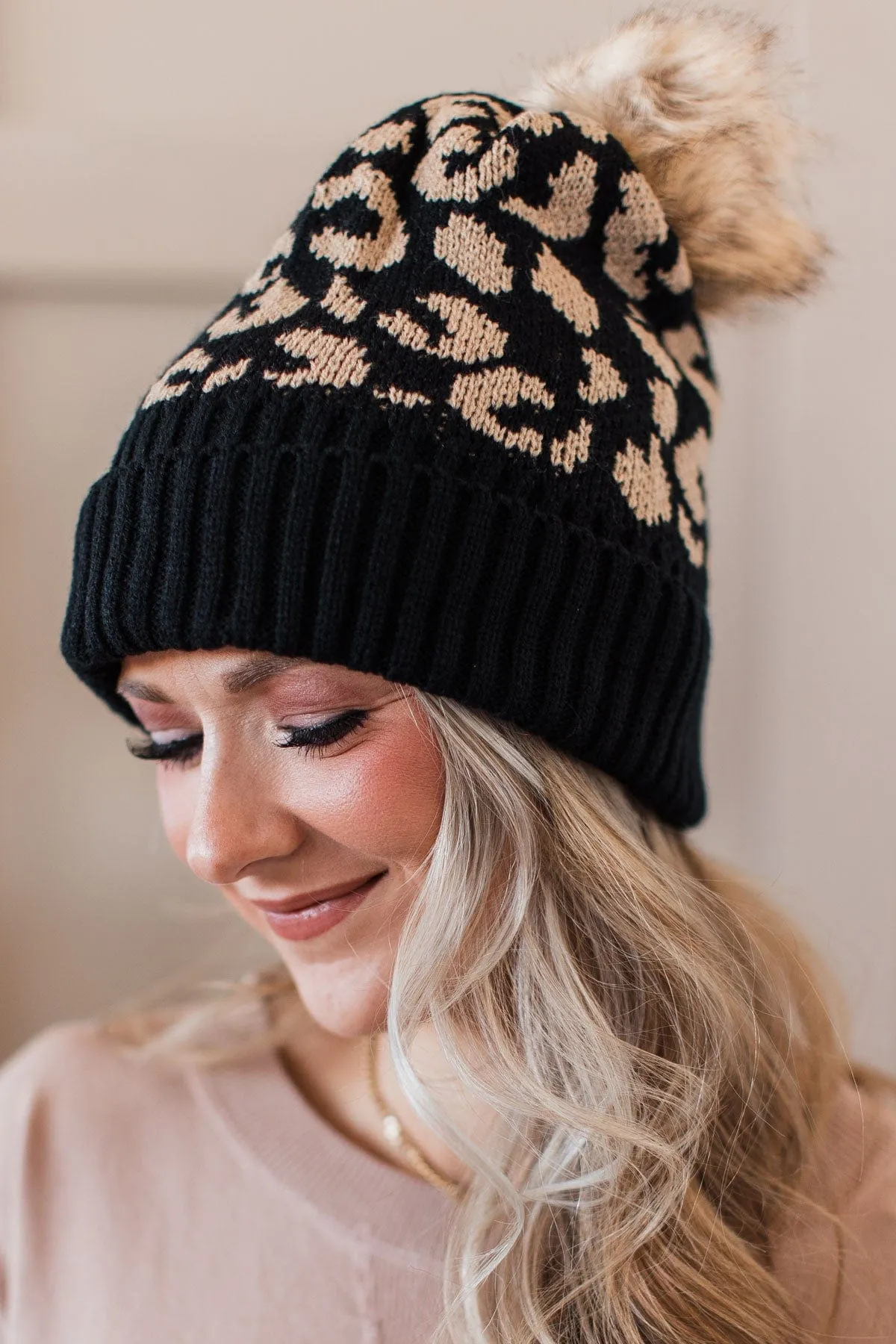 Bundle Up Knit Pom Beanie- Black Leopard