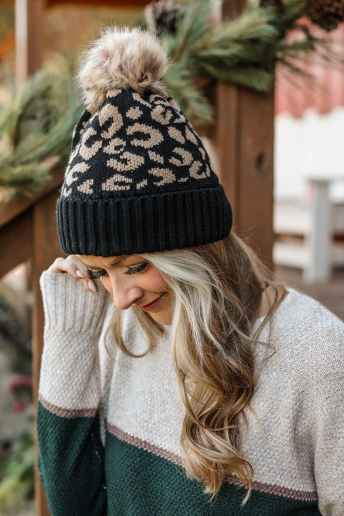 Bundle Up Knit Pom Beanie- Black Leopard