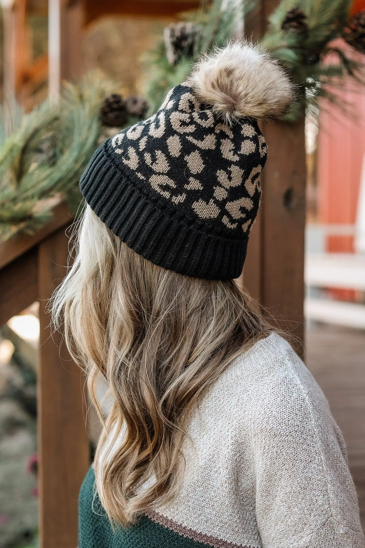 Bundle Up Knit Pom Beanie- Black Leopard