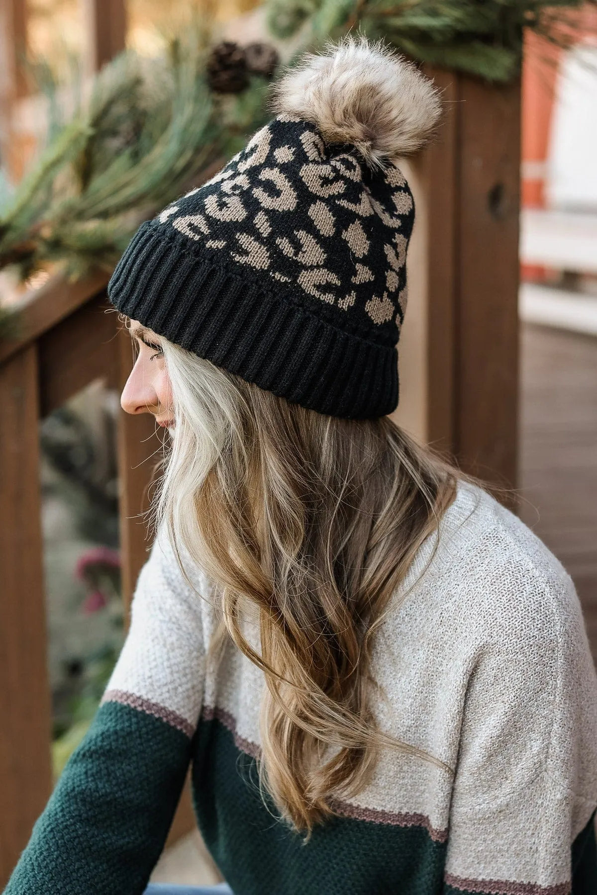 Bundle Up Knit Pom Beanie- Black Leopard