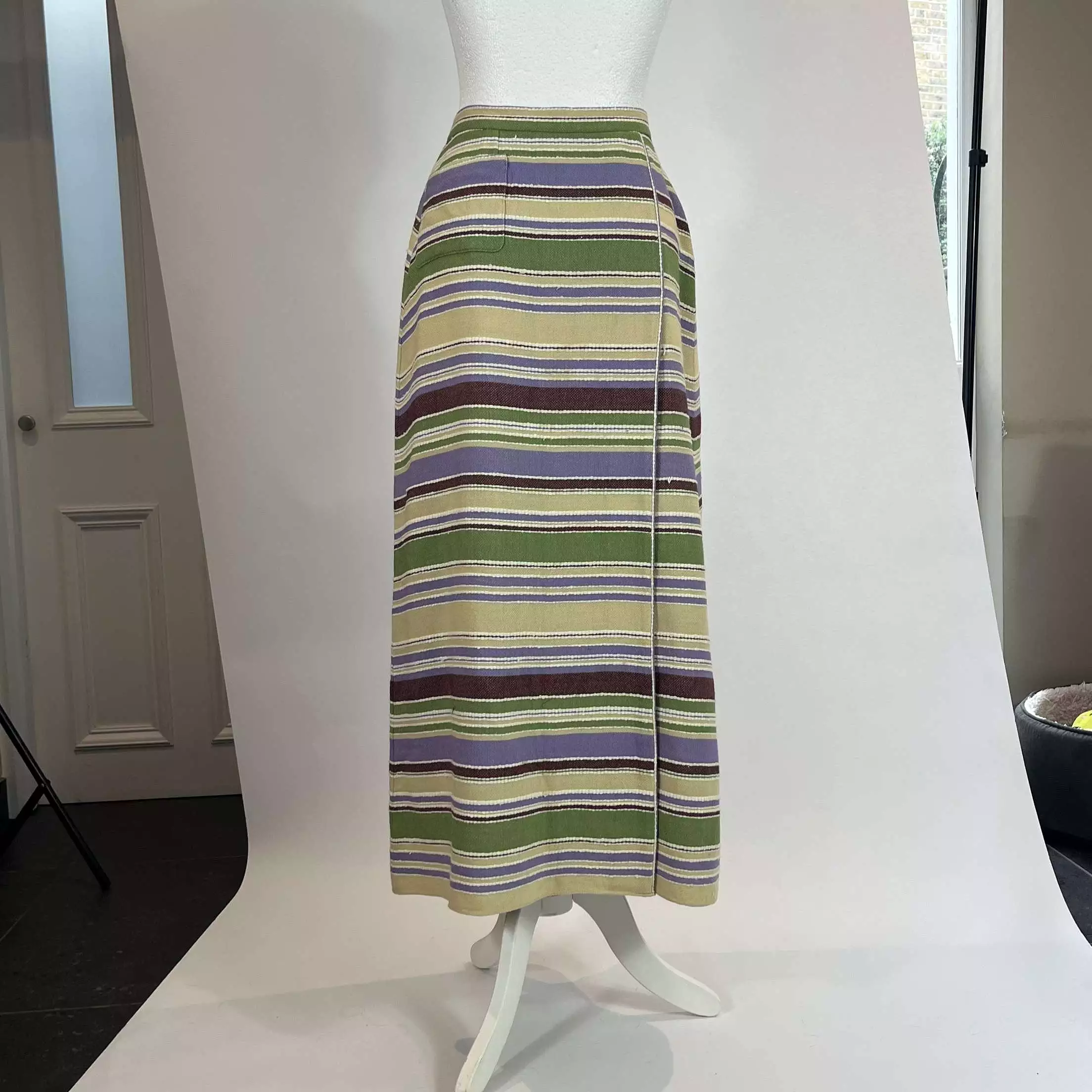 Chanel Putty & Lilac Stripe Weave Wool & Cotton Wrap Maxi Skirt S/M