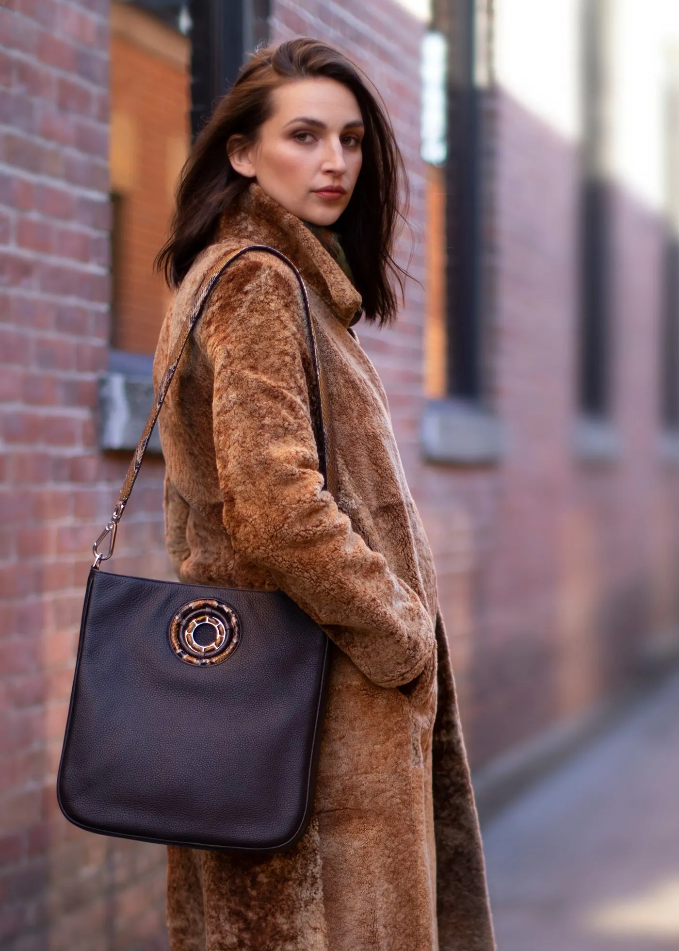 Cloe Jeweled Crossbody Tote - Brown Leather, Tiger Eye