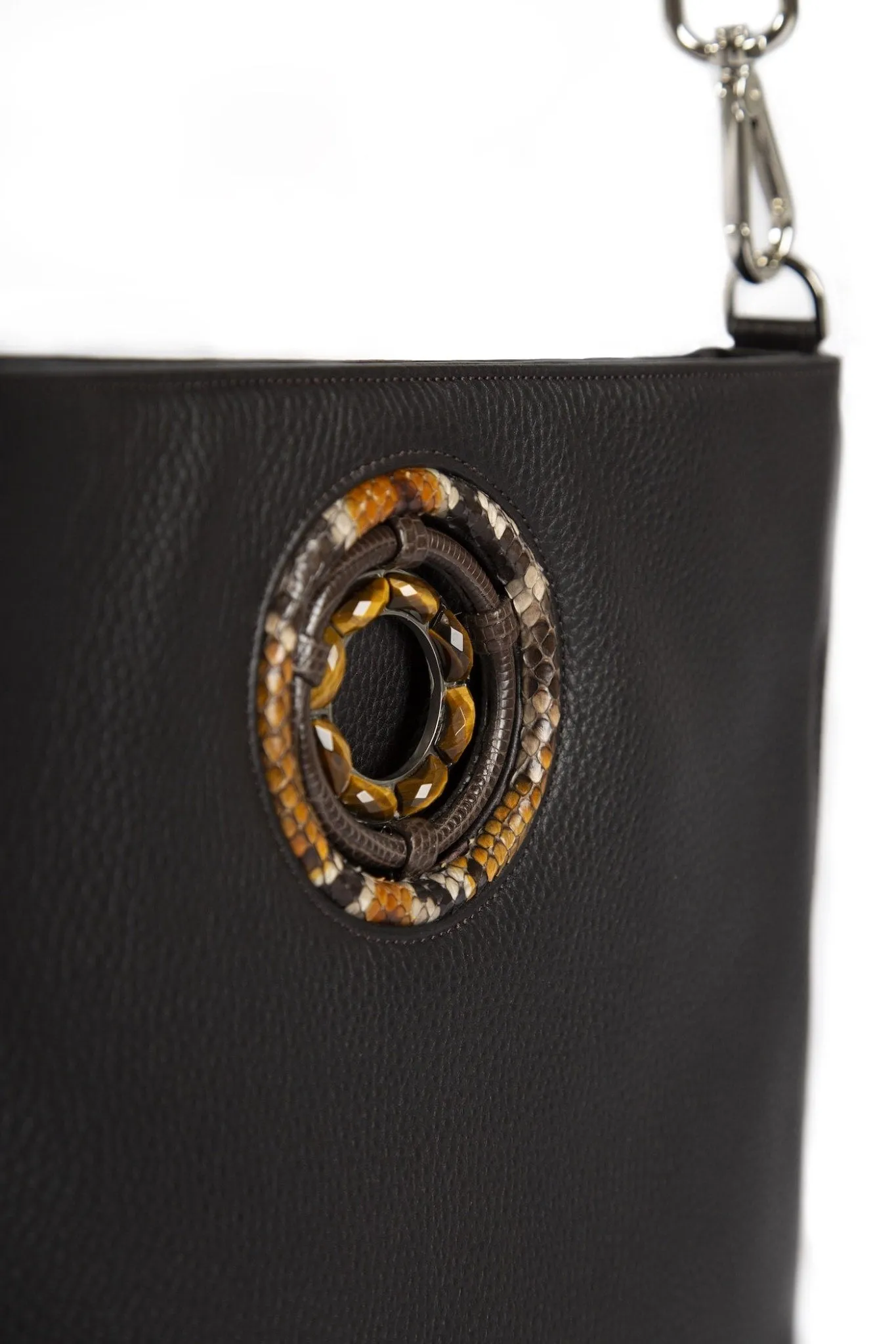 Cloe Jeweled Crossbody Tote - Brown Leather, Tiger Eye