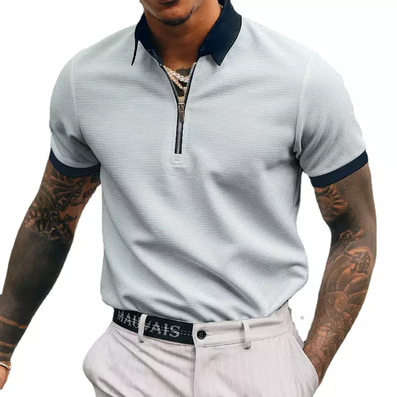 Cross-border new solid color POLO zipper men's T-shirt