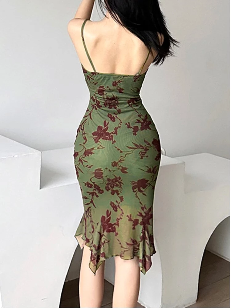 Double Layered Mesh Lace Slip Midi Dress For Women Print Backless Bandage Dress