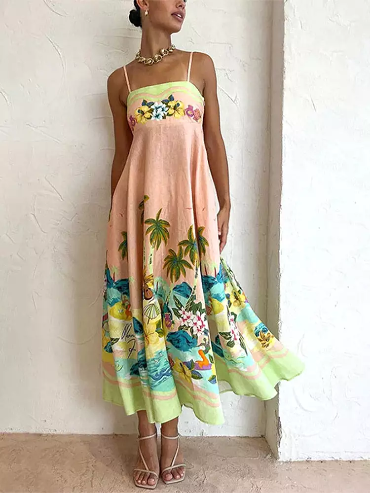 Floral Print A Lline Dress Women Sleeveless Tube Top High Waist Elegant Dresses 2023 Summer Fashion Prairie Chic Vestidos