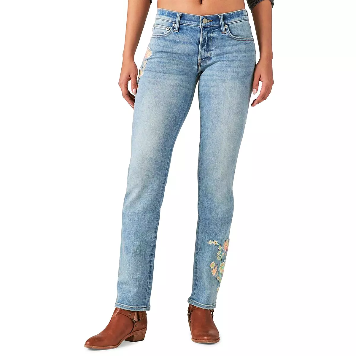 Lucky Legend Womens Floral Embroidered Straight Leg Jeans