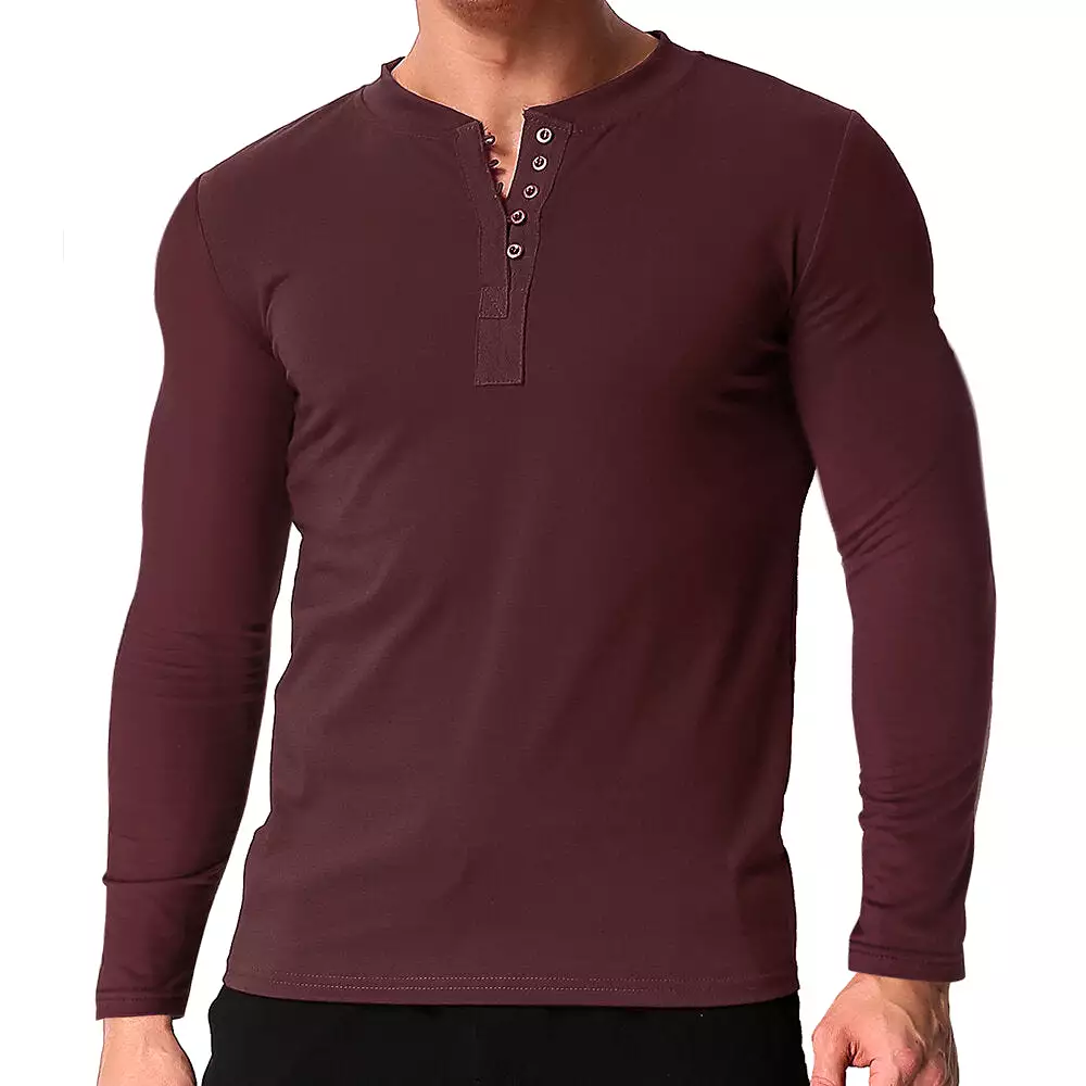 Men's V Neck Long Sleeve Button Tee Casual Slim Fit Comfortable Shirt Camping Hiking Travel