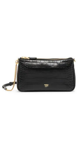 Mini Crocodile-Embossed Leather Crossbody Bag - Black