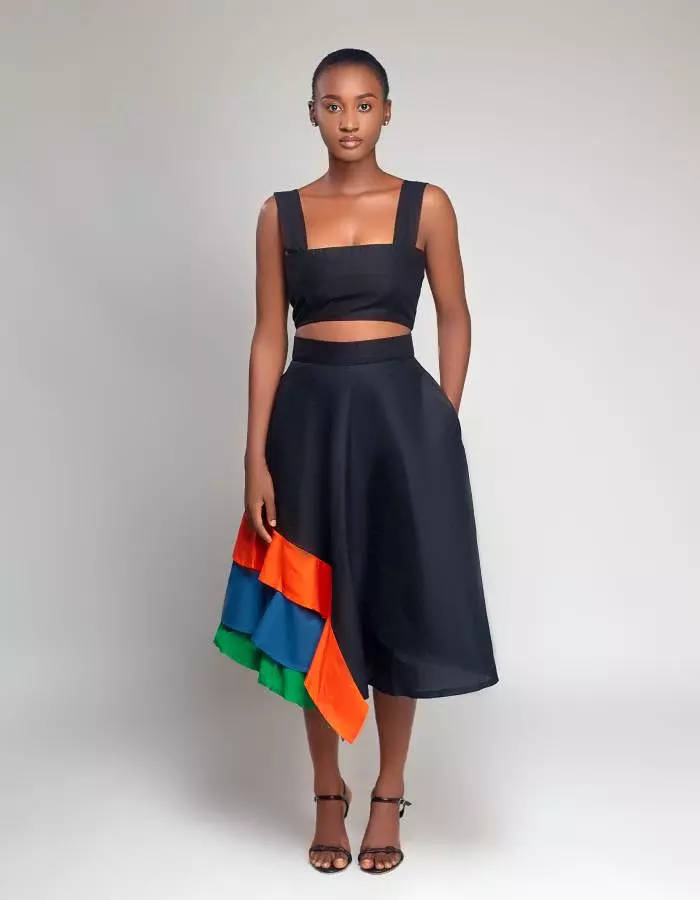 NAIA A crop top paired with a flared skirt, the Mae Skirt set