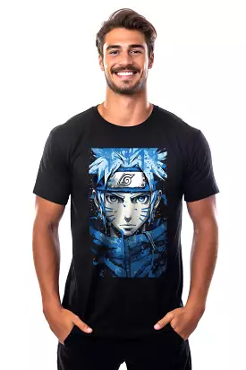 Naruto Color Splash Tee: Dan Mumford-Inspired Sky-Blue & Light Gray Design - Digital Graphics Basic T-shirt Black