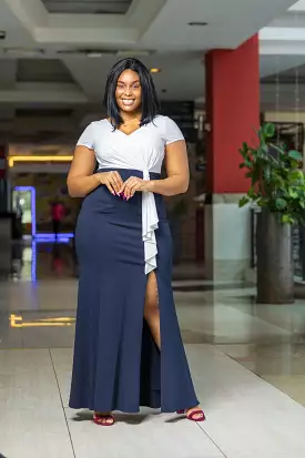 Navy white slit gown