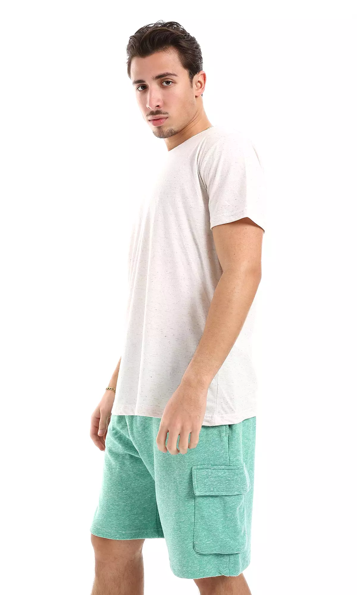 O164018 Heather Off-White Slip On Hips Length Cotton Men Tee