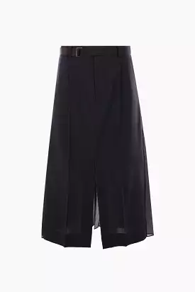 pinstriped wool blend midi skirt with pleated panel