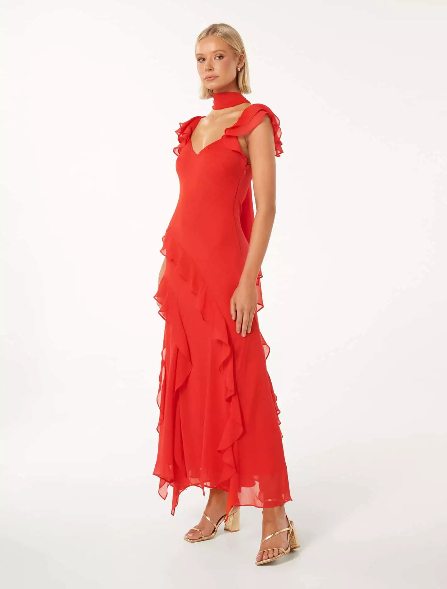 Polly Ruffle Sleeve Midi Dress with Scarf