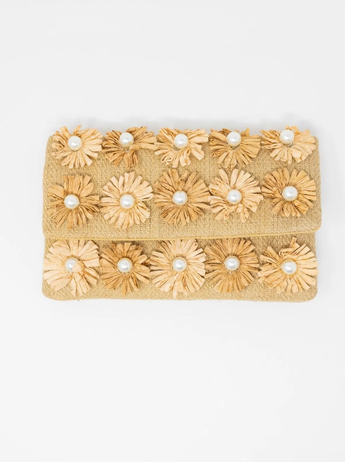 Raffia Pearl Flower Clutch