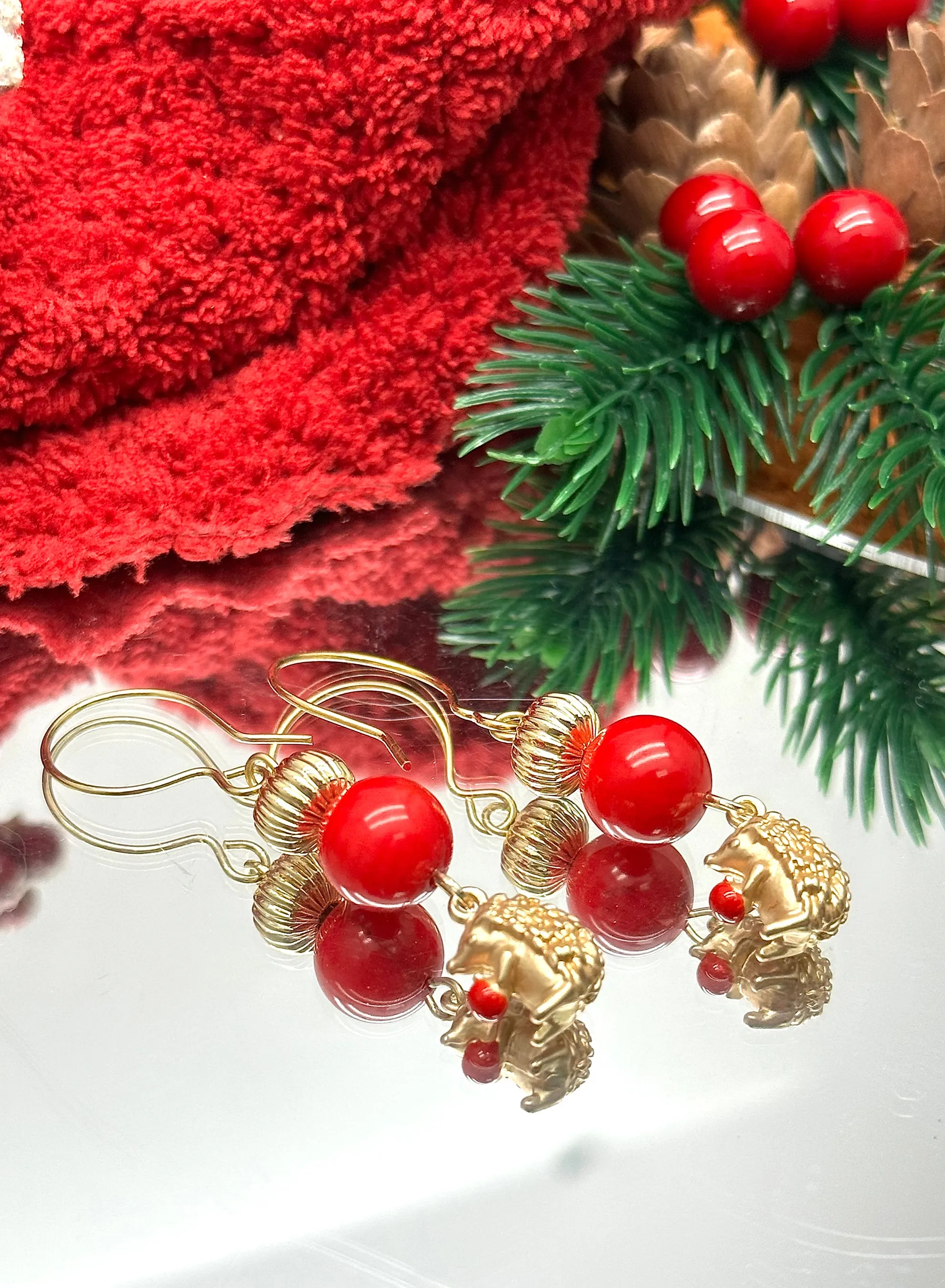 Red Bamboo With Hedgehog Dangle Earrings KE030