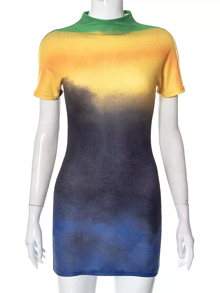 Ripple Stretch Short Sleeves Gradient Sexy Bodycon Skinny Mini Dress