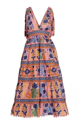 Seashell Tapestry Puff-Sleeve Midi Dress