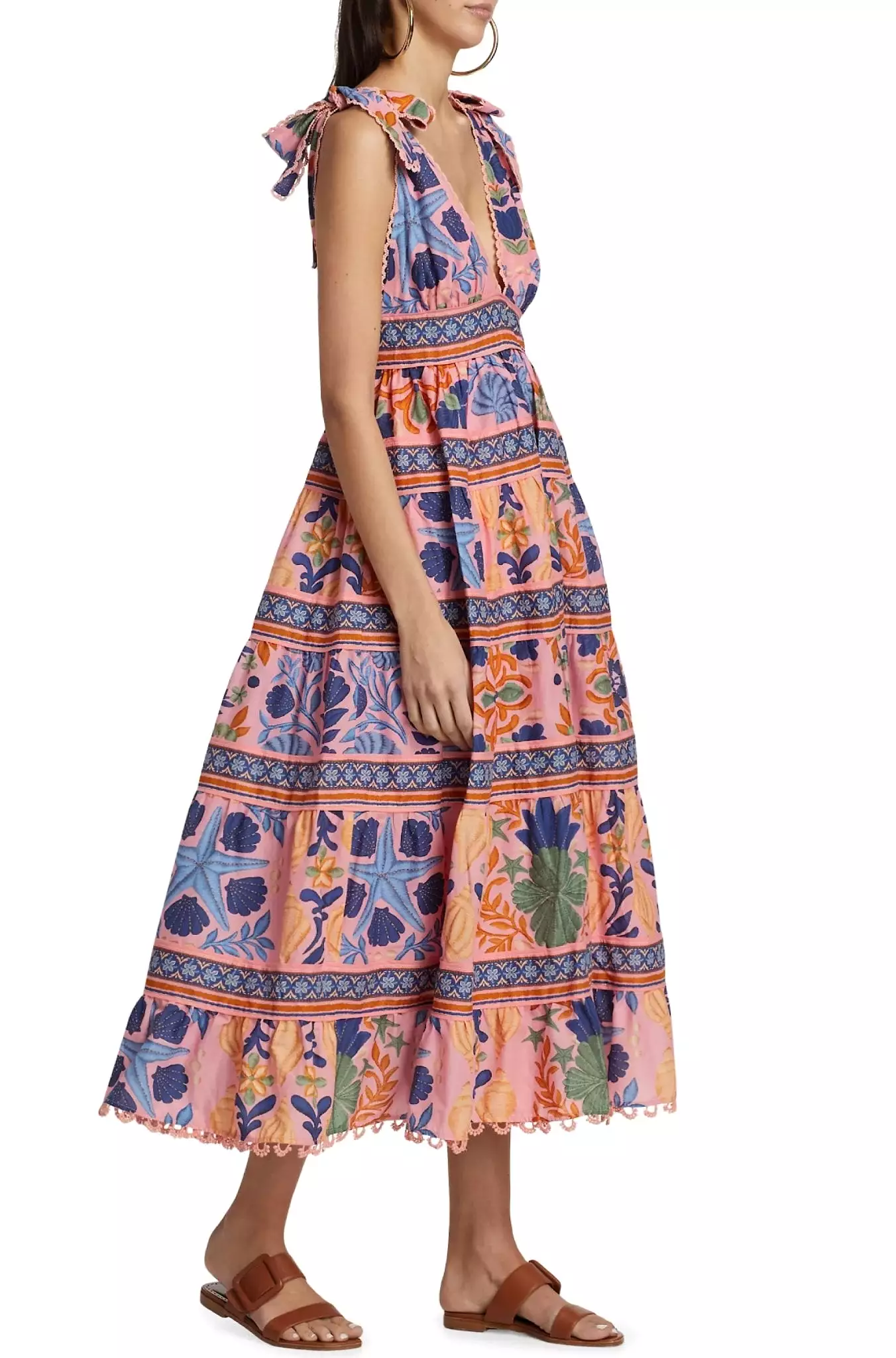 Seashell Tapestry Puff-Sleeve Midi Dress