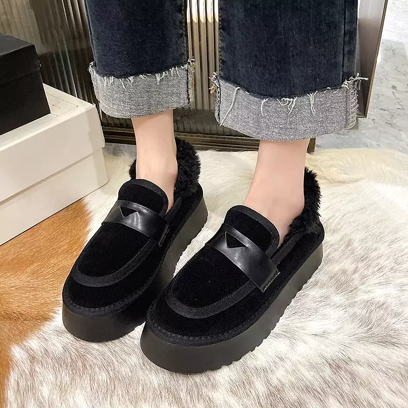 Shoes Woman 2023 Round Toe Autumn Loafers Fur Female Footwear New Fall Dress Winter Flock Basic Rome Mid-Calf PVC Fabric Short P