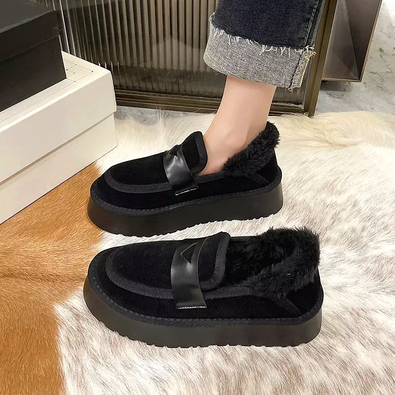 Shoes Woman 2023 Round Toe Autumn Loafers Fur Female Footwear New Fall Dress Winter Flock Basic Rome Mid-Calf PVC Fabric Short P