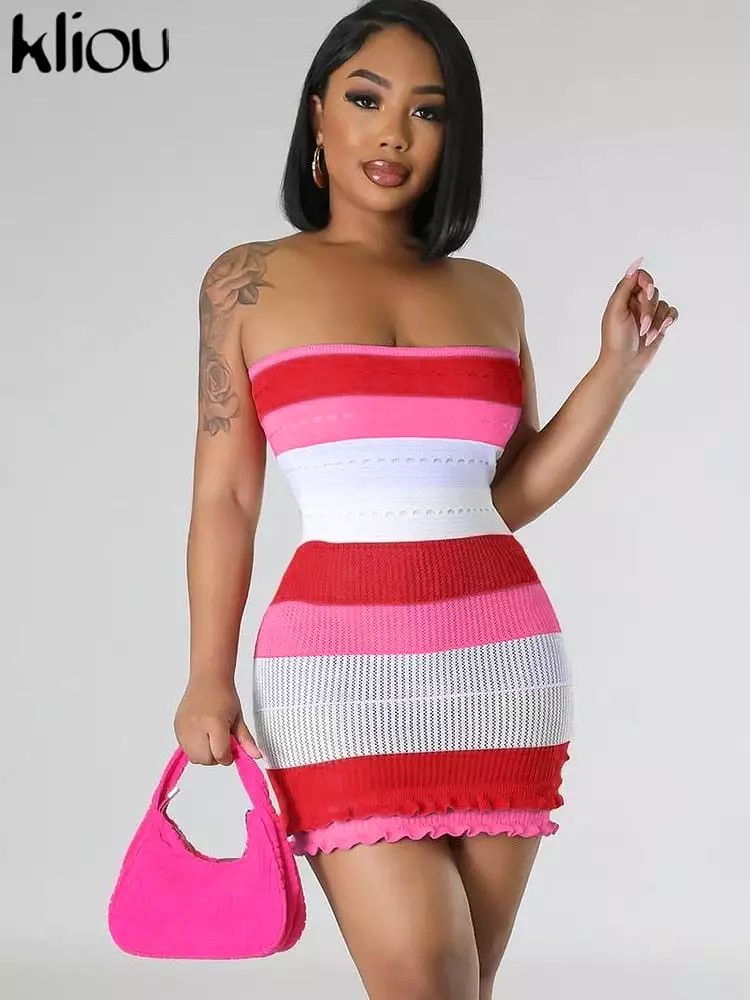 Striped Patchwork Knitted Hollow Out Mini Dress Women Trend Casual Wrapped Chest Stacked Bodycon Female Streetwear Outfit