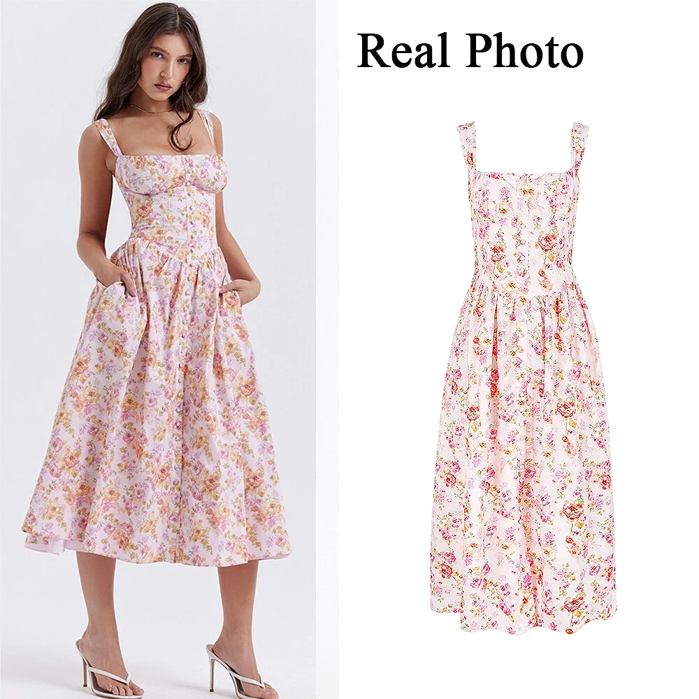 Summer Elegant Midi Dress Casual Pink Button Floral Print Holiday Party Long Dresses for Women New In Dresses 2023