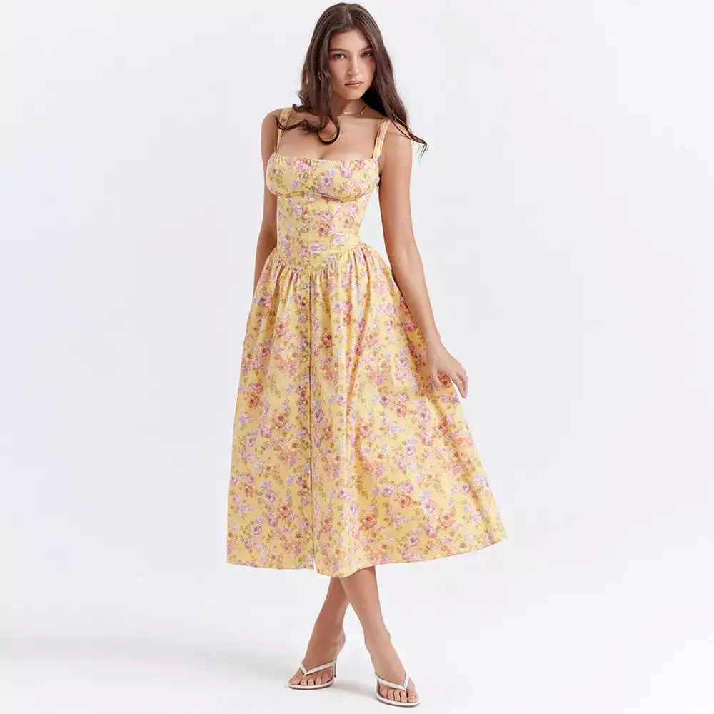 Summer Elegant Midi Dress Casual Pink Button Floral Print Holiday Party Long Dresses for Women New In Dresses 2023