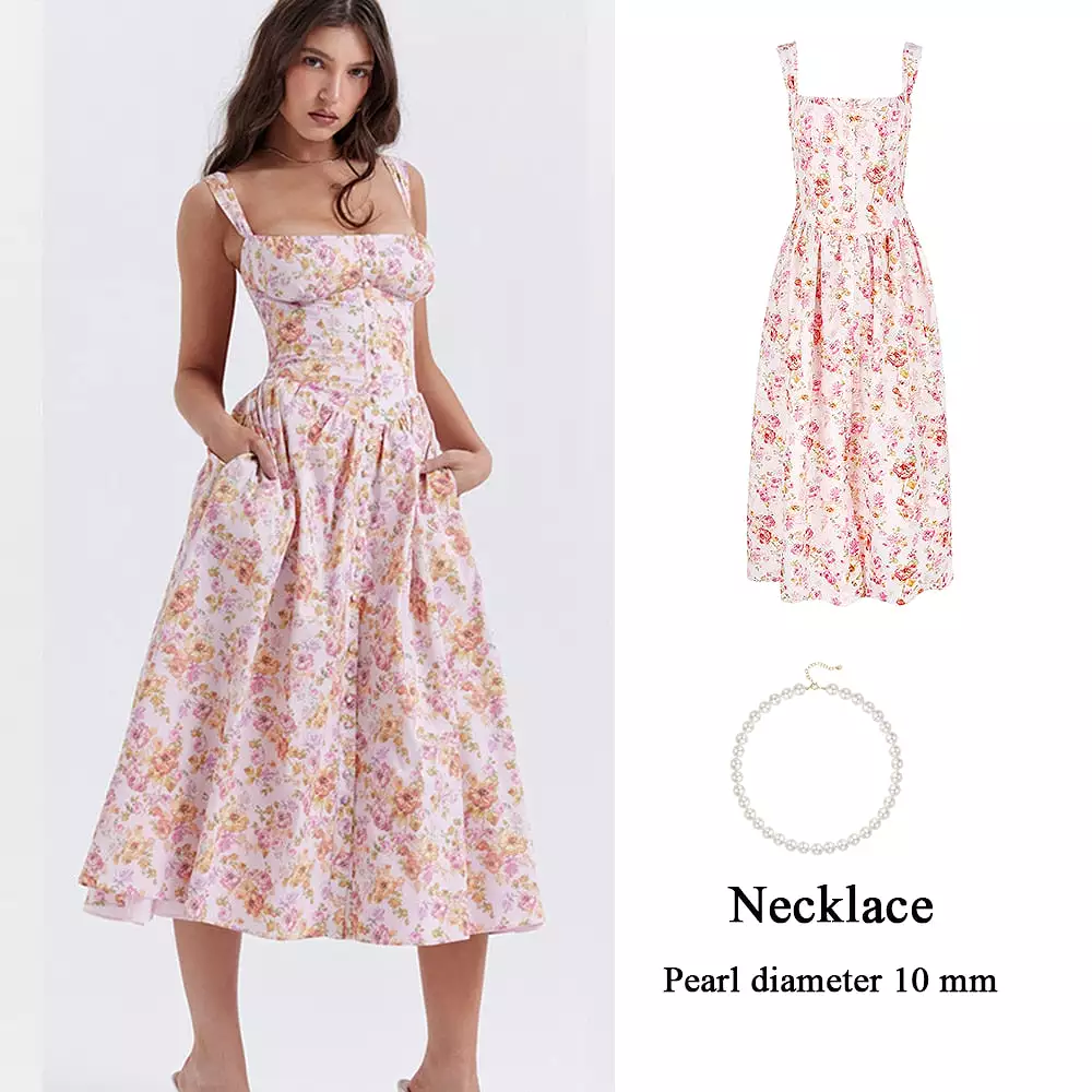 Summer Elegant Midi Dress Casual Pink Button Floral Print Holiday Party Long Dresses for Women New In Dresses 2023