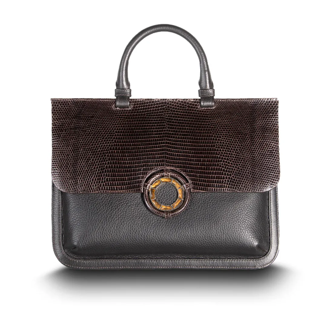 Sydney Convertible Satchel - Dark Brown Lizard & Leather, Tiger Eye Grommet