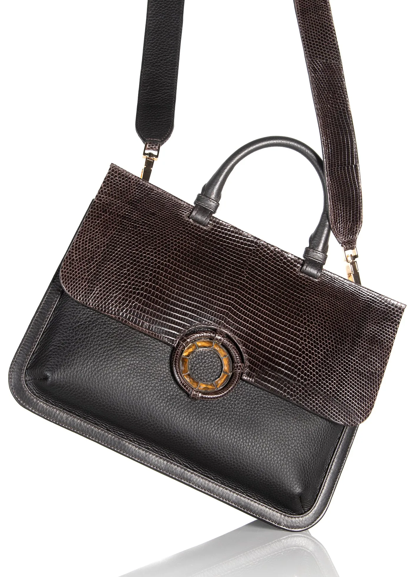 Sydney Convertible Satchel - Dark Brown Lizard & Leather, Tiger Eye Grommet