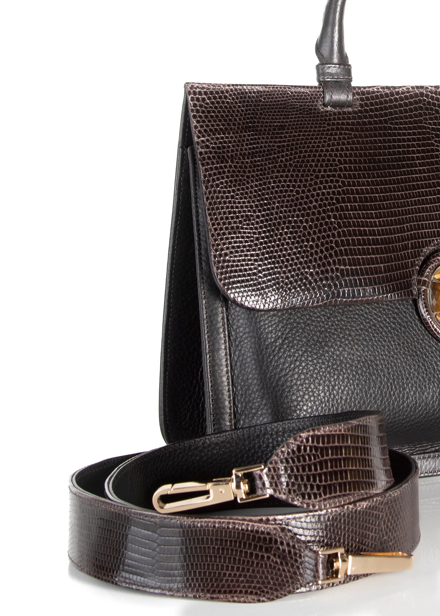 Sydney Convertible Satchel - Dark Brown Lizard & Leather, Tiger Eye Grommet