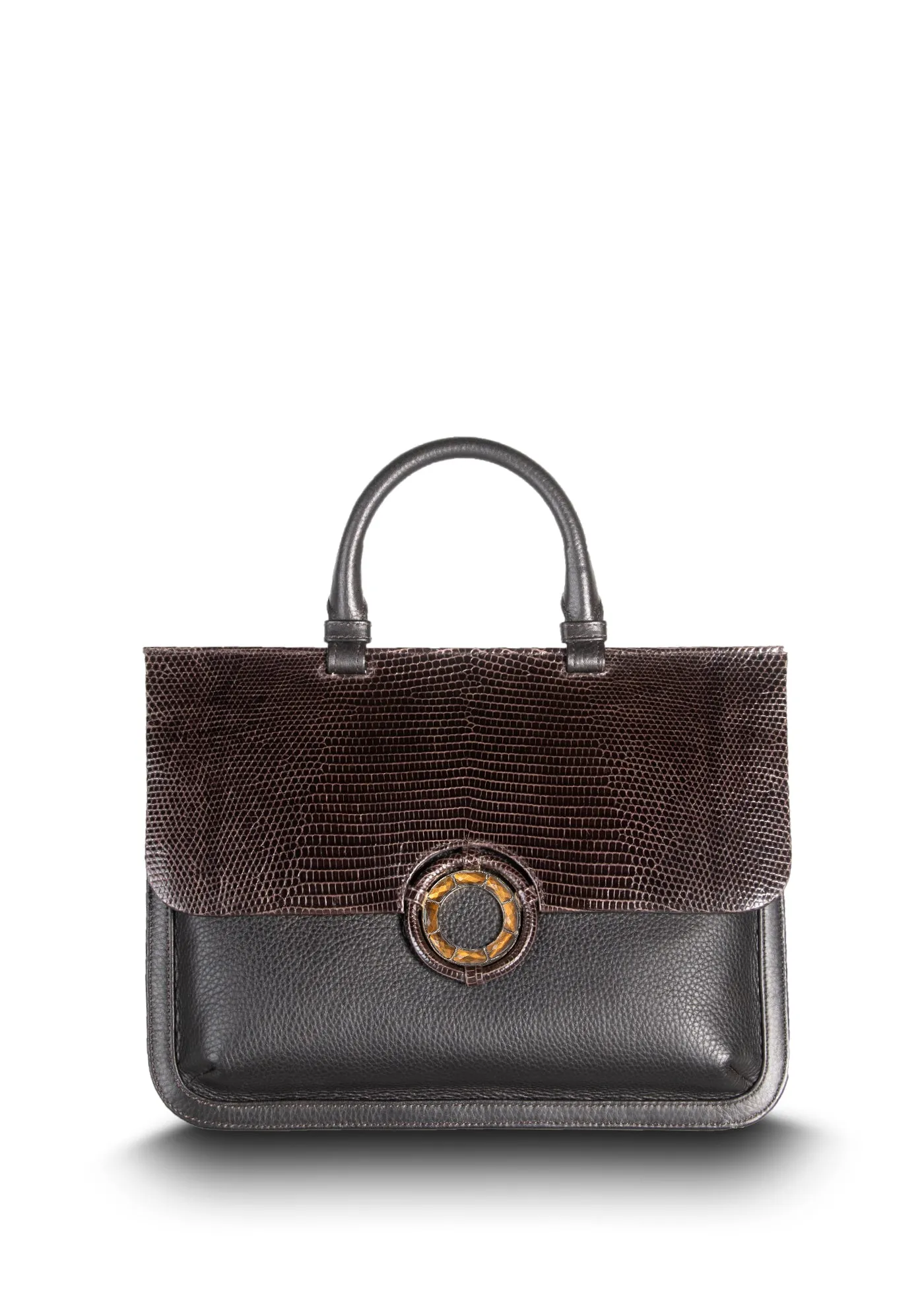 Sydney Convertible Satchel - Dark Brown Lizard & Leather, Tiger Eye Grommet