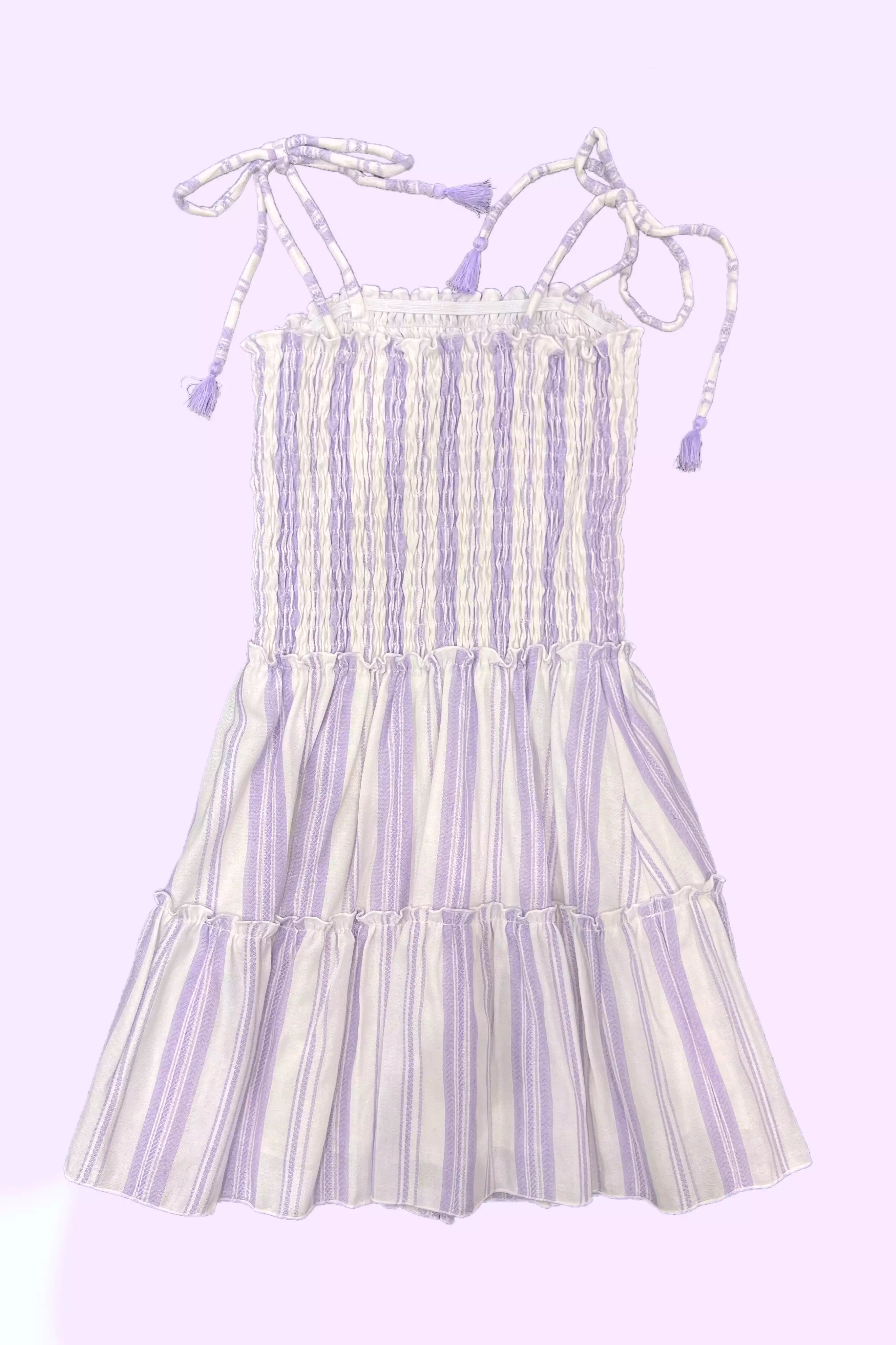 White Lavender Woven Stripe Tie Strap Flowy Dress