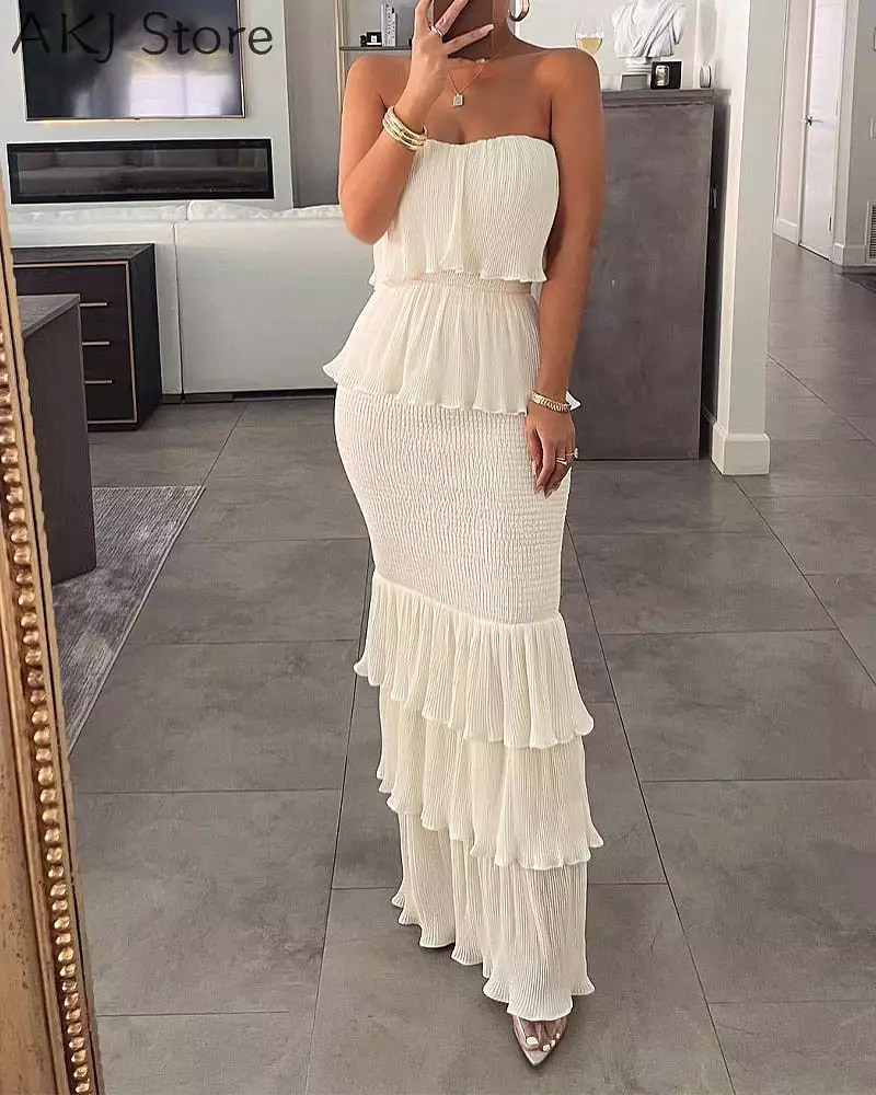 Women Fashion Bandeau Shirred Ruffle Hem Layered Dress