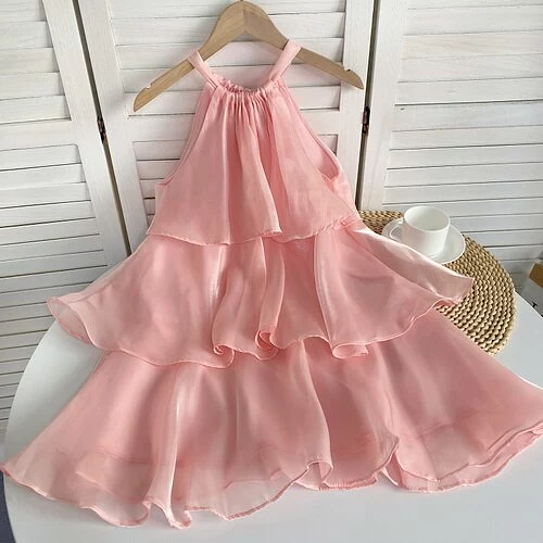 Women Summer Tops Dresses  Chic Sweet Halter Ruffles Patchwork Cake Dress Woman High Waist Dresses Women