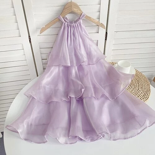 Women Summer Tops Dresses  Chic Sweet Halter Ruffles Patchwork Cake Dress Woman High Waist Dresses Women