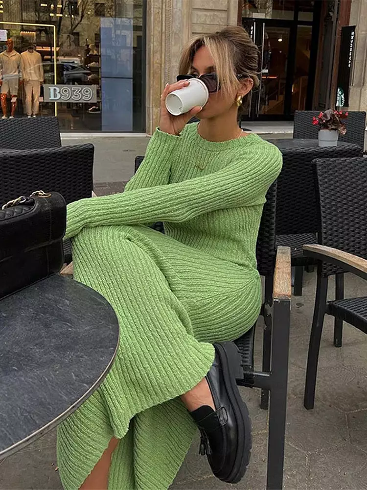 Womens Maxi Dresses Elegant Green Bodycon Knitted Long Sleeve Dress Female