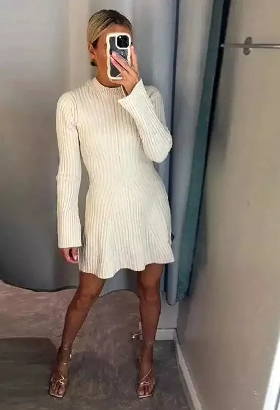 Womens Ribbed Knitted Sweater Dress Fashion O Neck Long Sleeve Midi Dresses 2023