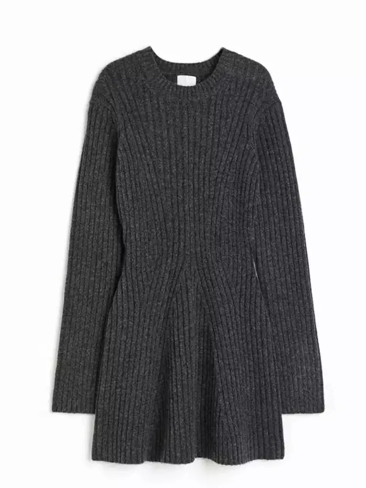 Womens Ribbed Knitted Sweater Dress Fashion O Neck Long Sleeve Midi Dresses 2023